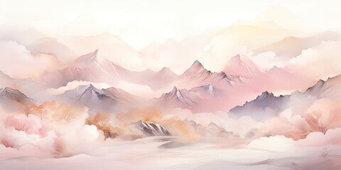 Soft pastel color watercolor abstract brush painting art of beautiful mountains, mountain peak minimalism landscape with golden lines, panorama banner illustration, white background