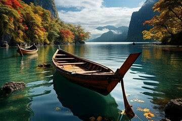 A boat glides peacefully along the tranquil rivers gentle current