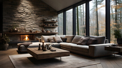 "
Corner sofa against window in room. Farmhouse style interior design of modern living room"