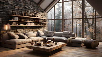 "
Corner sofa against window in room. Farmhouse style interior design of modern living room"