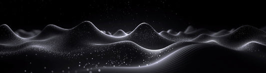 A wavy landscape, with the foreground featuring an abstract shape of light glowing waves and floating white particles on a dark background