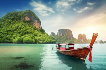 A boat floating in the sea with a scenic Thailand landscape. Artwork showcasing a beautiful view. Generative AI