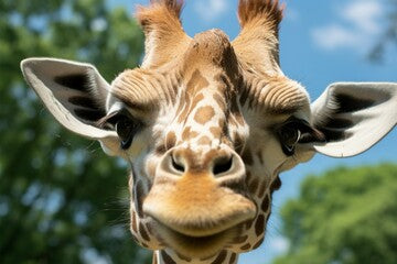 A detailed giraffe close up through the window, connecting with you