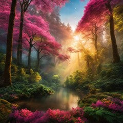 a beautiful forest filled with purple flowers and trees on both sides of the river