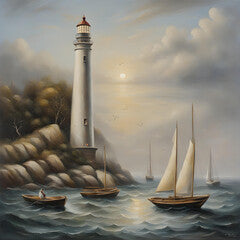 Seascape with boats and lighthouse oil painting on canvas.
