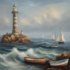 Seascape with boats and lighthouse oil painting on canvas.
