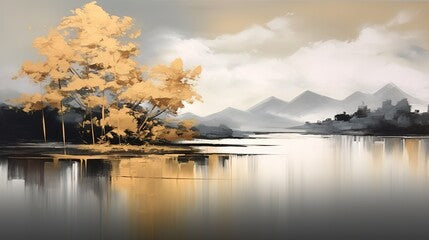 Oil painting of a mountain landscape with gold details, tree and lake water reflection