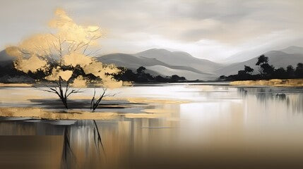 Oil painting of a mountain landscape with gold details, tree and lake water reflection