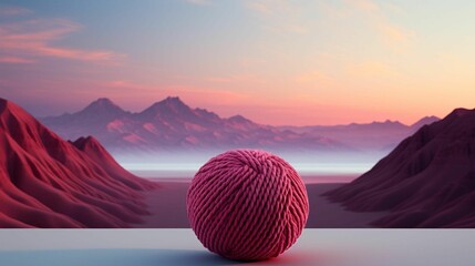 a ball of yarn sits in the foreground on a hill background
