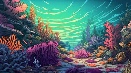 Underwater coral reef exploration. Fantasy concept , Illustration painting.