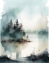 watercolor foggy lake