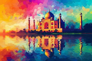 Vibrant Taj Mahal artwork on canvas, exhibiting the fauvism art style. Generative AI