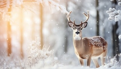 Fallow deer in winter forest with snowflakes