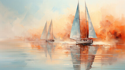 watercolor drawing, autumn landscape sailing boat on the marina, orange shades of Indian summer on the lake