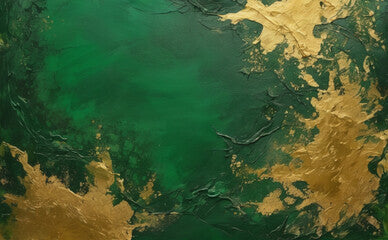 abstract oil painting, large strokes of gold and emerald colors