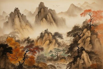 An atmospheric autumn scene with mountains depicted in the traditional style of Chinese painting. Generative AI