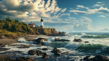 A beautiful lighthouse against a blue sky and sea