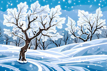 Illustration of a winter oak forest. Winter landscape