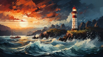 Digital painting of coast with lighthouse and ocean. Made with Generative AI.