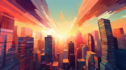 "Cityscape at Dusk" - A vibrant digital artwork capturing the beauty of a city during sunset