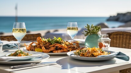 A beachside table setting with a seafood feast
