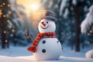 Cute happy snowman in winter christmas landscape