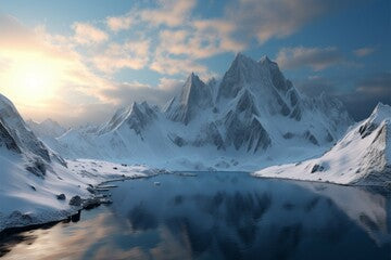 3D graphic showcasing a wintry mountain range as a background