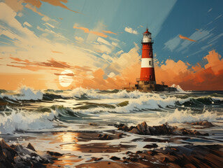 A painting of a lighthouse on the beach.