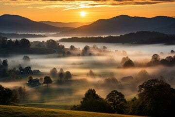 A picturesque sunrise over a misty mountain valley in Tennessee with farmland, corn fields, and charming farm houses. Generative AI