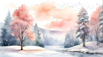 winter landscape in the forest watercolor illustration