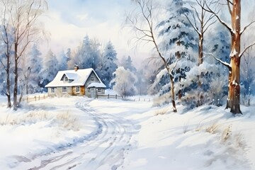 Watercolor winter forest landscape with a forest cabin and snowy trees