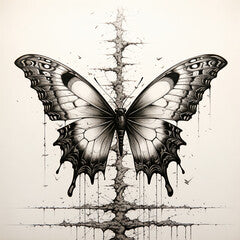 Artistic Butterfly Despair: Black and White Pen and Ink Drawing with Unsettling Symbolism