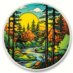 1960s American Cartoon-Style Sticker with Bold, Saturated Colors Depicting a Vintage Forest Scene