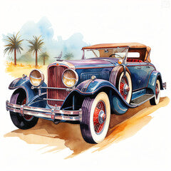 Art-Deco Inspired Elegant Watercolor Car Illustration with Intricate Details