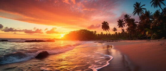 A beautiful beach with coconuts trees at sunset