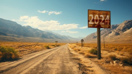2024 Happy New Year, a sign on a road that leads through the desert