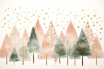 illustration of soft pink, green and golden christmas trees boho style on white ground with space for text, christmas background
