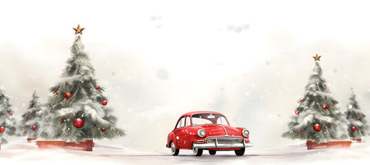 banner of watercolour illustration of red vintage car and christmas tree