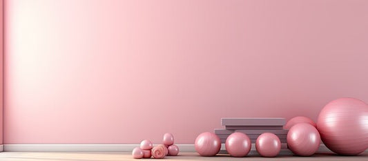 3D render of a fitness mat and dumbbells with a pastel pink background