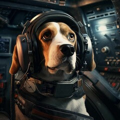 a beagle dog wearing headphones sitting in the cockpit barnsley
