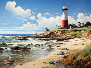 Beach painting featuring a lighthouse.