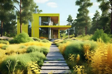 3d rendering of a bright modern house in a natural landscape