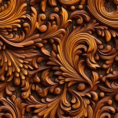 3D wood carving pattern tile incorporating classic Victorian and modern floral styles in a luxurious brown color, perfect for printing and sublimation applications.