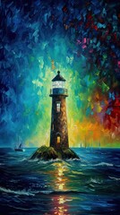 AI generated illustration of a painting featuring a colorful sunset landscape with a lighthouse