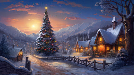 winter season scene with big Christmas time in rural countryside valley village with gradient twilight sky, painting style illustration,  Generative Ai