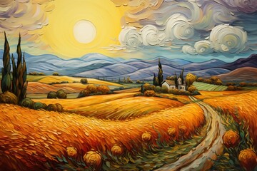 Realism. Oil Painting Style Illustration of a Classic Landscape Artwork. Vincent Van Gogh Style