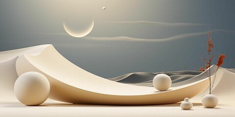 A  futuristic landscape featuring a crescent moon a barren desert of geometric shapes and patterns