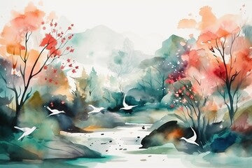 elegant 3d abstraction bright color and water color painting seamless forest park with waterriver , mountains and brids.