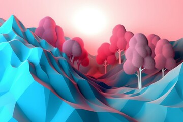 Abstract 3d landscape. Pink tree and blue mountains scene art. Generate Ai