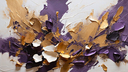 Abstract oil painting background with gold, purple and white acrylic texture, brush and knife strokes technique. Illustration for design, wallpaper, backdrop, template. Modern art concept